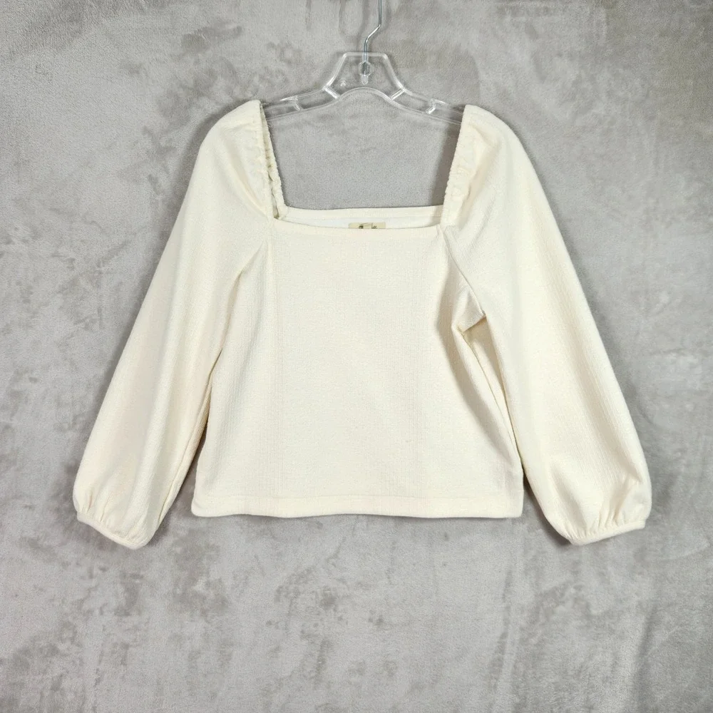Madewell Top Women Small Cream Square Neck Puff Sleeve Textured Crepe Minimalist